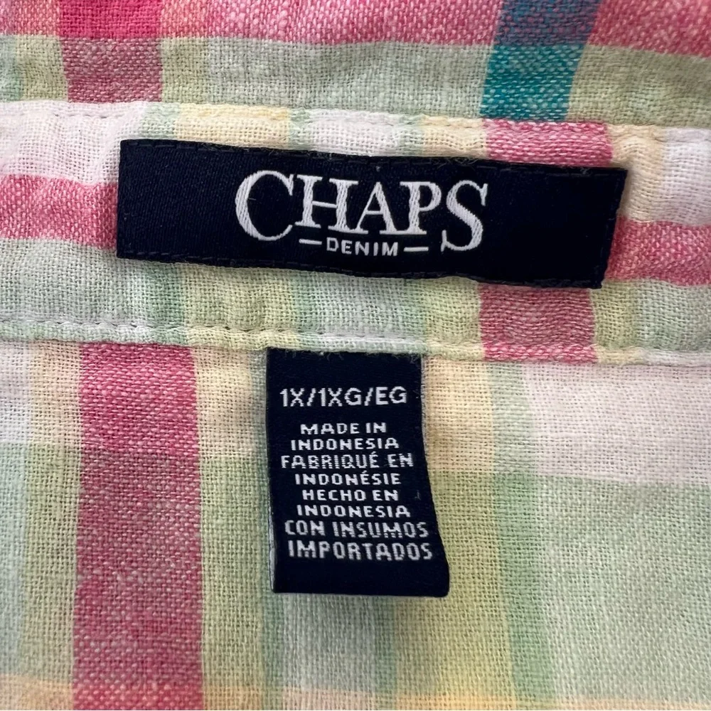 Chaps Womens Linen Blend Button Up Shirt 1X Pink Green Plaid Coastal Preppy - Picture 6 of 11